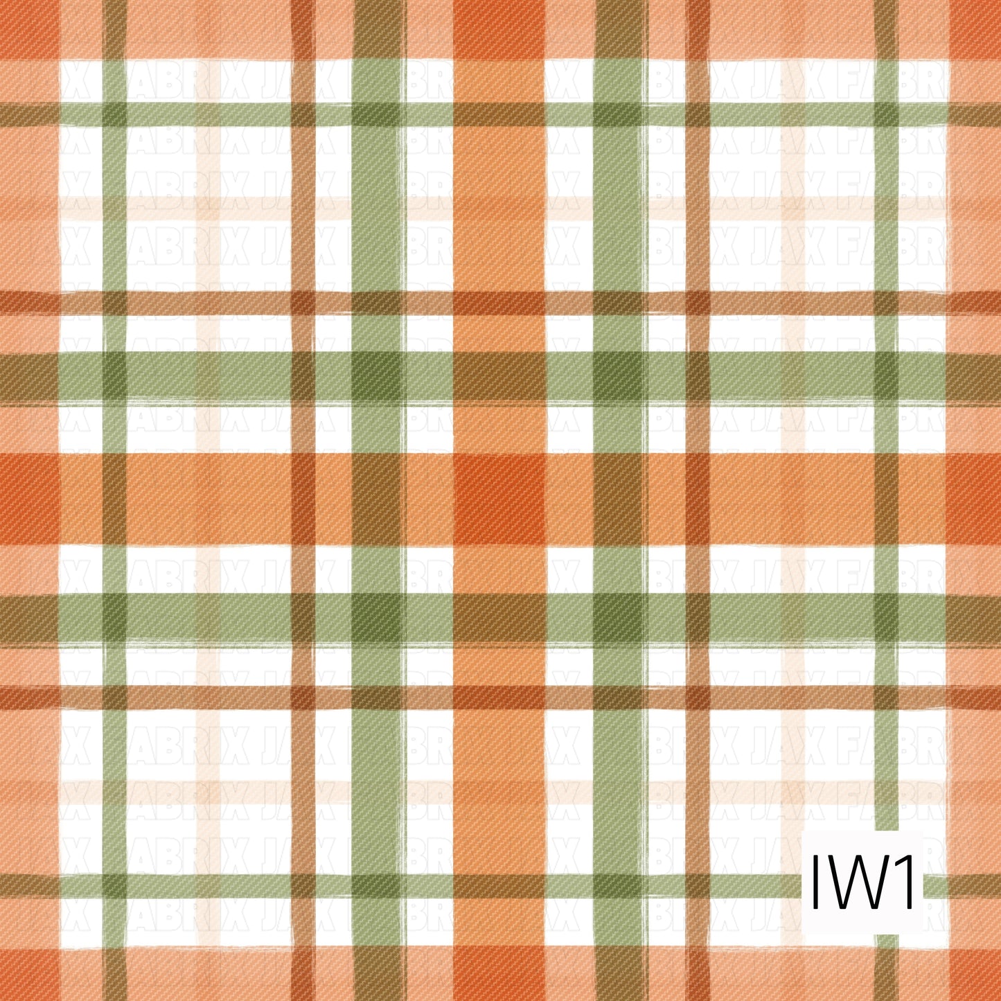 A cozy textured plaid featuring warm orange, olive green, soft cream, and earthy brown stripes on a white background. The woven-style texture gives it a warm, rustic fall feel.
