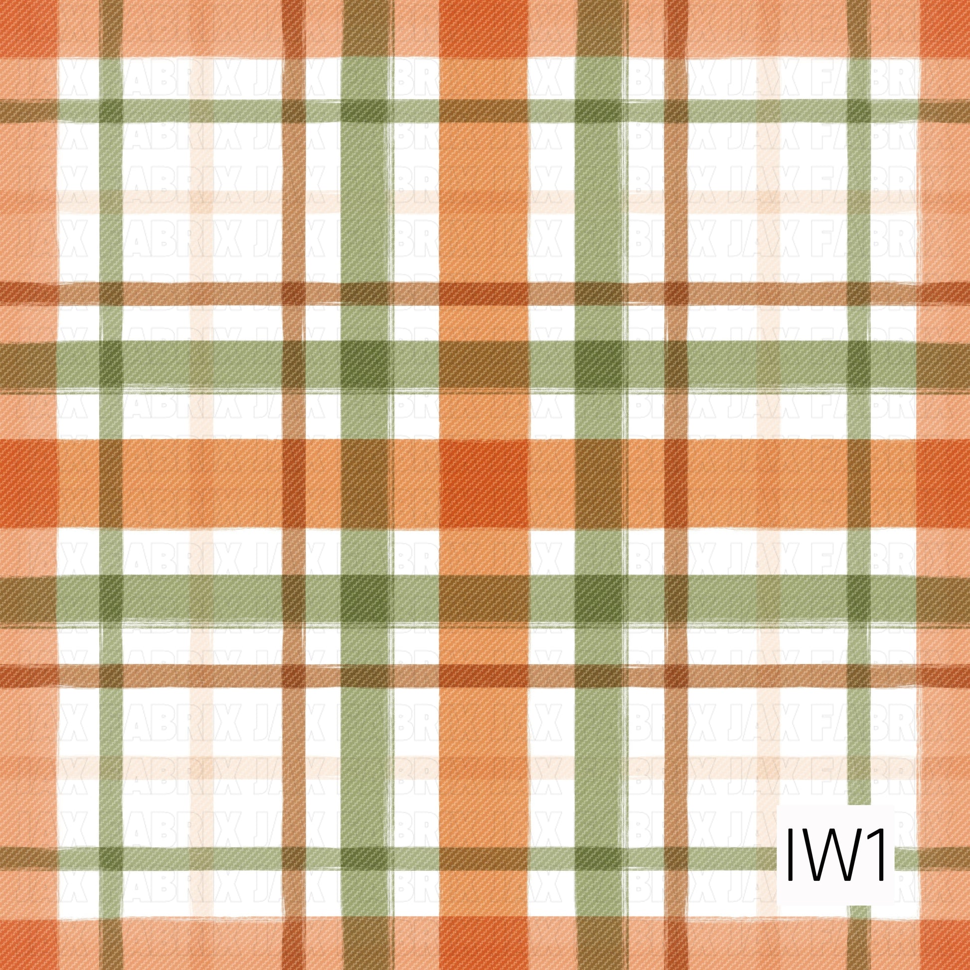 A cozy textured plaid featuring warm orange, olive green, soft cream, and earthy brown stripes on a white background. The woven-style texture gives it a warm, rustic fall feel.
