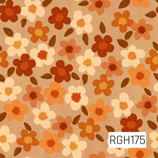 A warm, retro-inspired floral pattern featuring playful five-petal daisies in rich burnt orange, rusty red, golden amber, soft peach, and creamy ivory. Each flower has a textured, slightly fuzzy center in coordinating shades of orange, mustard, and rust. Scattered dark caramel brown leaves fill the spaces between the blooms, creating a whimsical, free-flowing arrangement against a warm beige background. Subtle distressed textures and softly brushed edges give the design a vintage, hand-painted appearance.