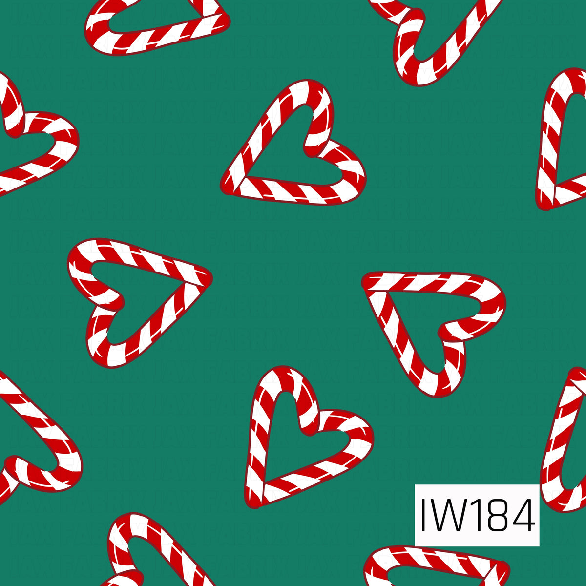 A festive Christmas pattern featuring playful heart shapes made from red and white striped candy canes, scattered in different directions across a rich emerald green background. The bold holiday colors and whimsical candy cane hearts give this design a sweet, cheerful feel.