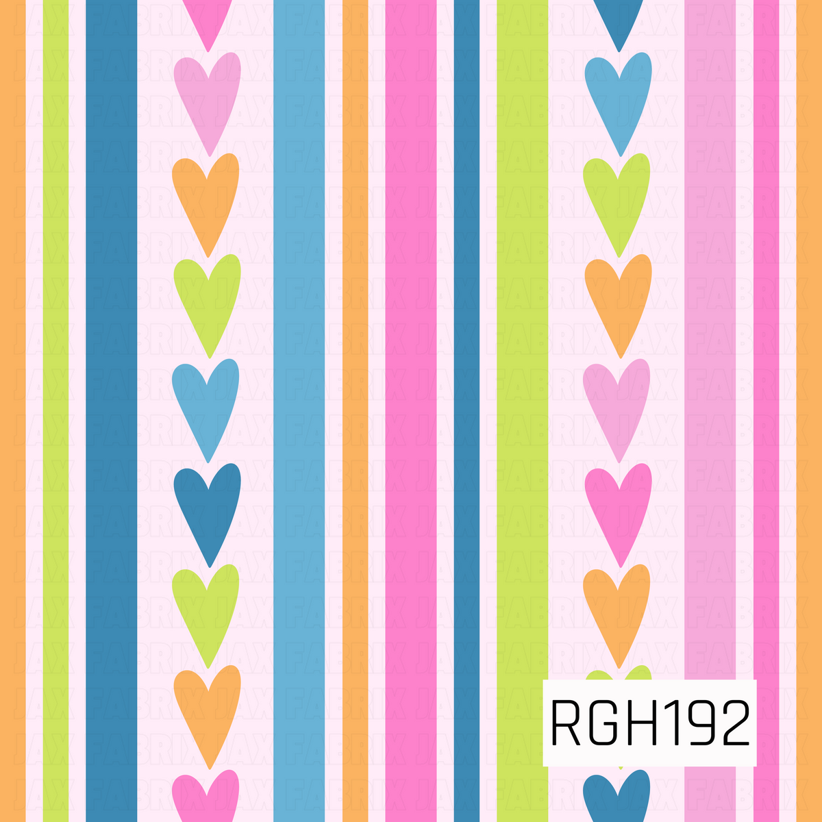 A bright and playful pattern featuring vertical stripes and columns of hand-drawn hearts in vibrant shades of hot pink, light pink, lime green, orange, and blue. The colorful hearts alternate between bold stripes on a soft blush pink background, creating a cheerful, whimsical design with a fun retro feel.