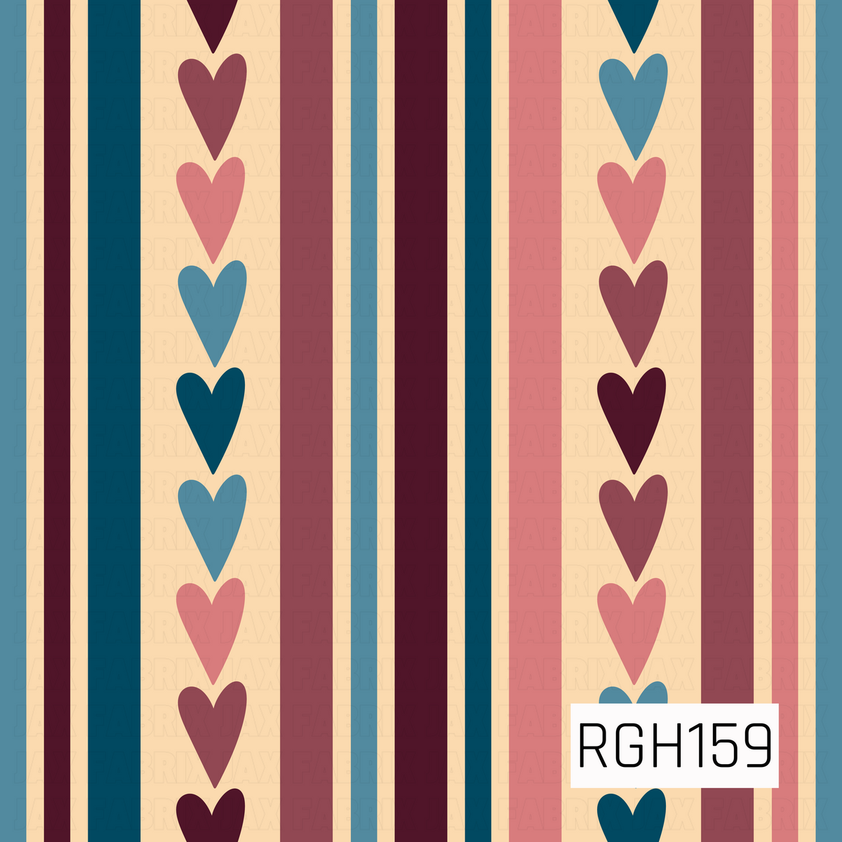 A playful striped pattern featuring vertical rows of hand-drawn hearts in deep plum, dusty mauve, rosy pink, navy, and muted blue. Alternating solid stripes in coordinating colors against a warm peachy cream background create a fun, retro-inspired design.