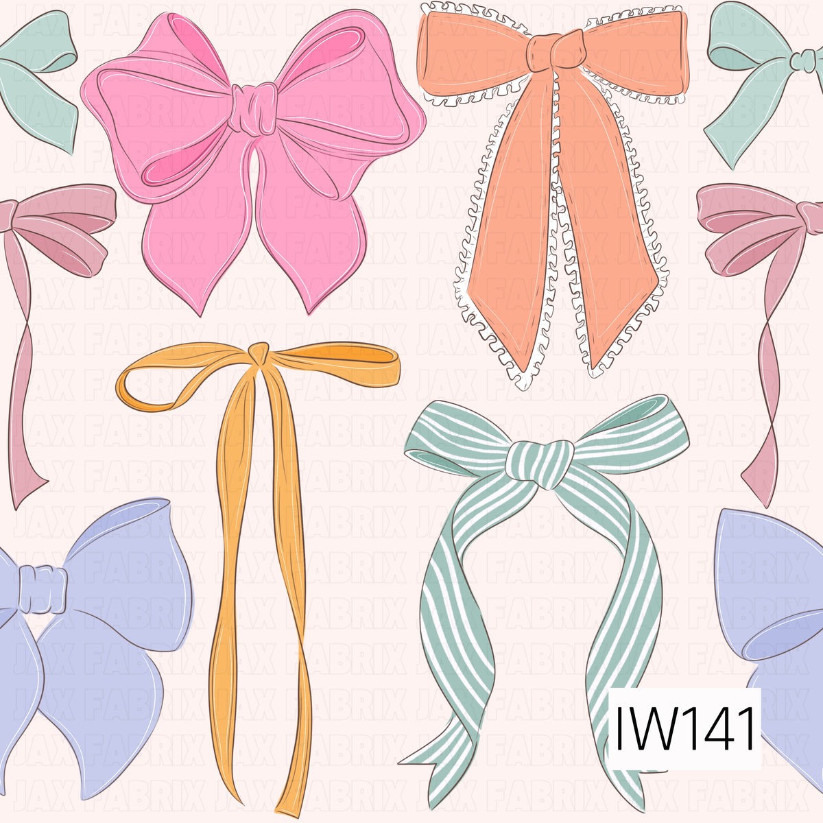 A sweet and whimsical seamless print featuring an assortment of beautifully illustrated bows in soft pink, peach, mustard yellow, sage green, dusty rose, and lavender. The bows vary in style, from oversized statement bows and delicate ribbon ties to long flowing tails, ruffled edges, and classic striped designs. Set against a soft ivory background, this charming pattern has a playful, vintage-inspired feel.