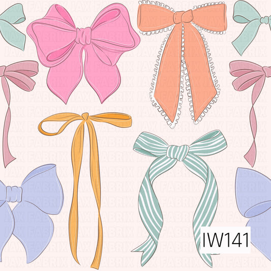 A sweet and whimsical seamless print featuring an assortment of beautifully illustrated bows in soft pink, peach, mustard yellow, sage green, dusty rose, and lavender. The bows vary in style, from oversized statement bows and delicate ribbon ties to long flowing tails, ruffled edges, and classic striped designs. Set against a soft ivory background, this charming pattern has a playful, vintage-inspired feel.