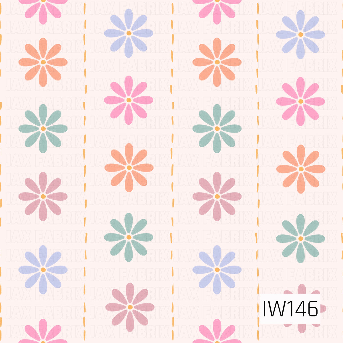 A charming retro floral pattern featuring cheerful daisies in soft pink, peach, lavender, sage green, and dusty rose, each with a tiny golden yellow center. The flowers are arranged in evenly spaced, alternating vertical rows, separated by delicate golden yellow dashed lines. Set against a warm ivory background, this design has a sweet, playful, vintage-inspired feel.