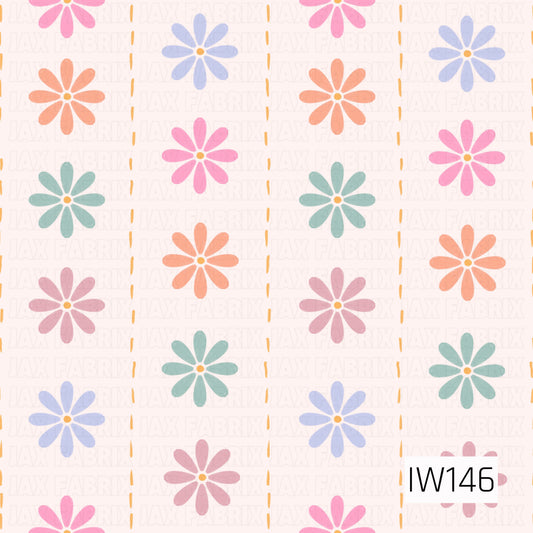 A charming retro floral pattern featuring cheerful daisies in soft pink, peach, lavender, sage green, and dusty rose, each with a tiny golden yellow center. The flowers are arranged in evenly spaced, alternating vertical rows, separated by delicate golden yellow dashed lines. Set against a warm ivory background, this design has a sweet, playful, vintage-inspired feel.