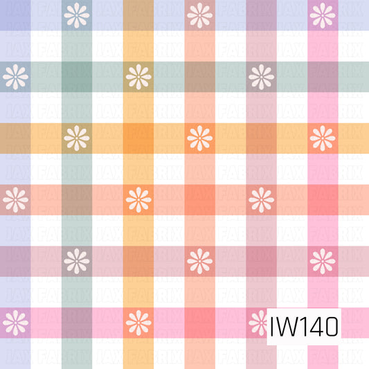 A cheerful seamless gingham print featuring wide, overlapping plaid stripes in soft lavender, sage green, peach, golden yellow, coral, and pink against a crisp white background. Delicate white daisies are scattered throughout the colorful intersections, adding a sweet floral touch to this playful, vintage-inspired design.