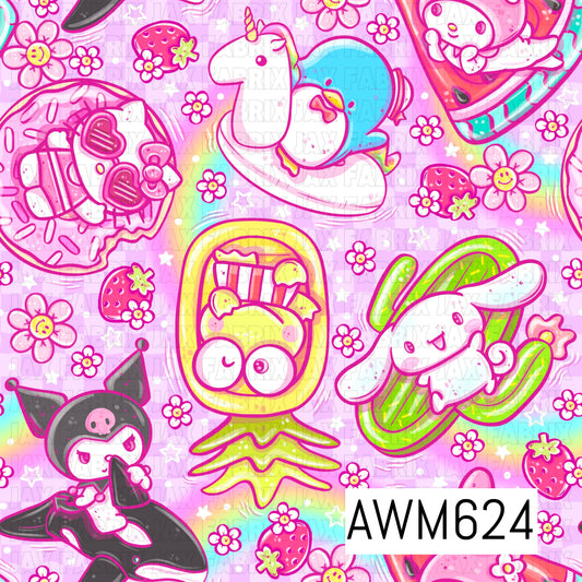 A playful pink seamless design featuring cute character-inspired icons, sweet treats, strawberries, cheerful flowers and retro accessories. Bright pops of hot pink, lime green, aqua and yellow create a colorful, whimsical feel.