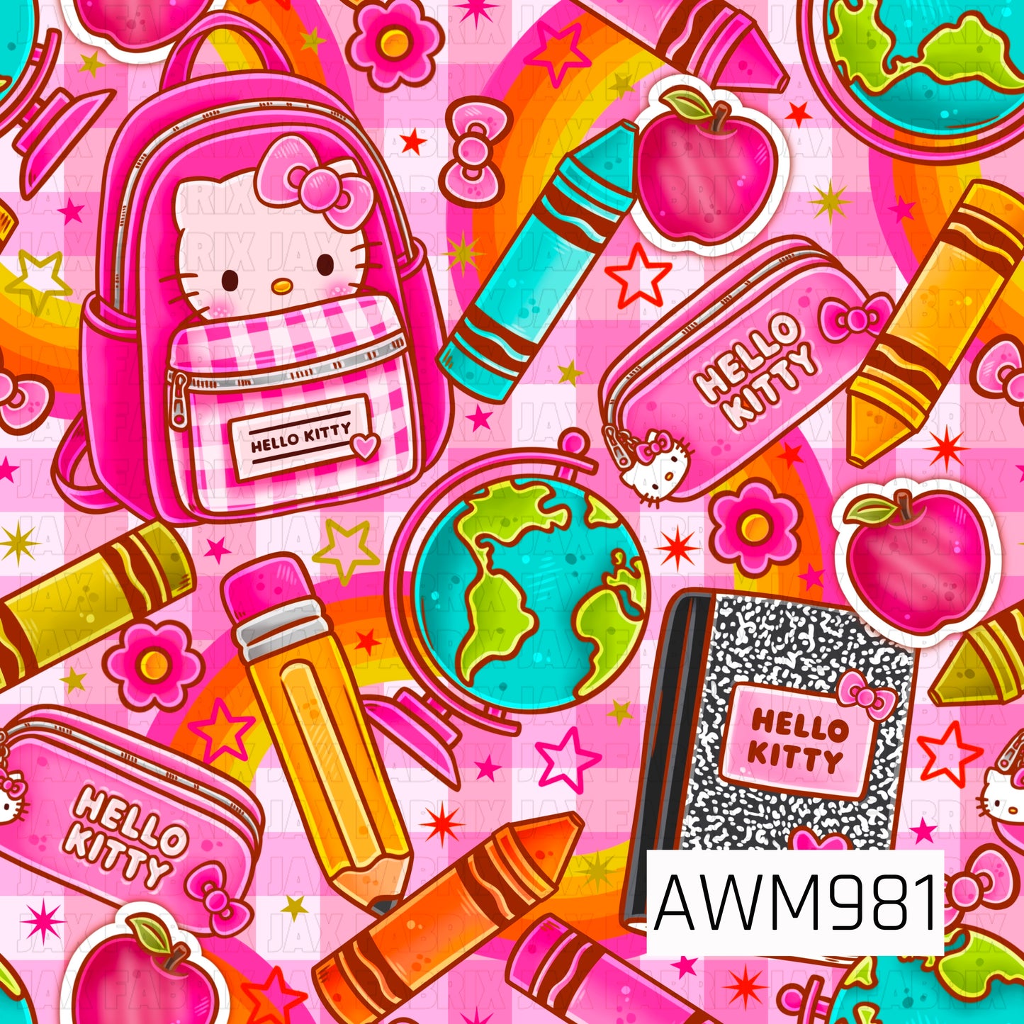 Bright and playful back-to-school design featuring a cat on backpacks, pencil cases, notebooks, globes, apples, pencils, crayons, rainbows, bows, and stars on a pink gingham background. Perfect for school-themed bows, accessories, apparel, and crafts.
