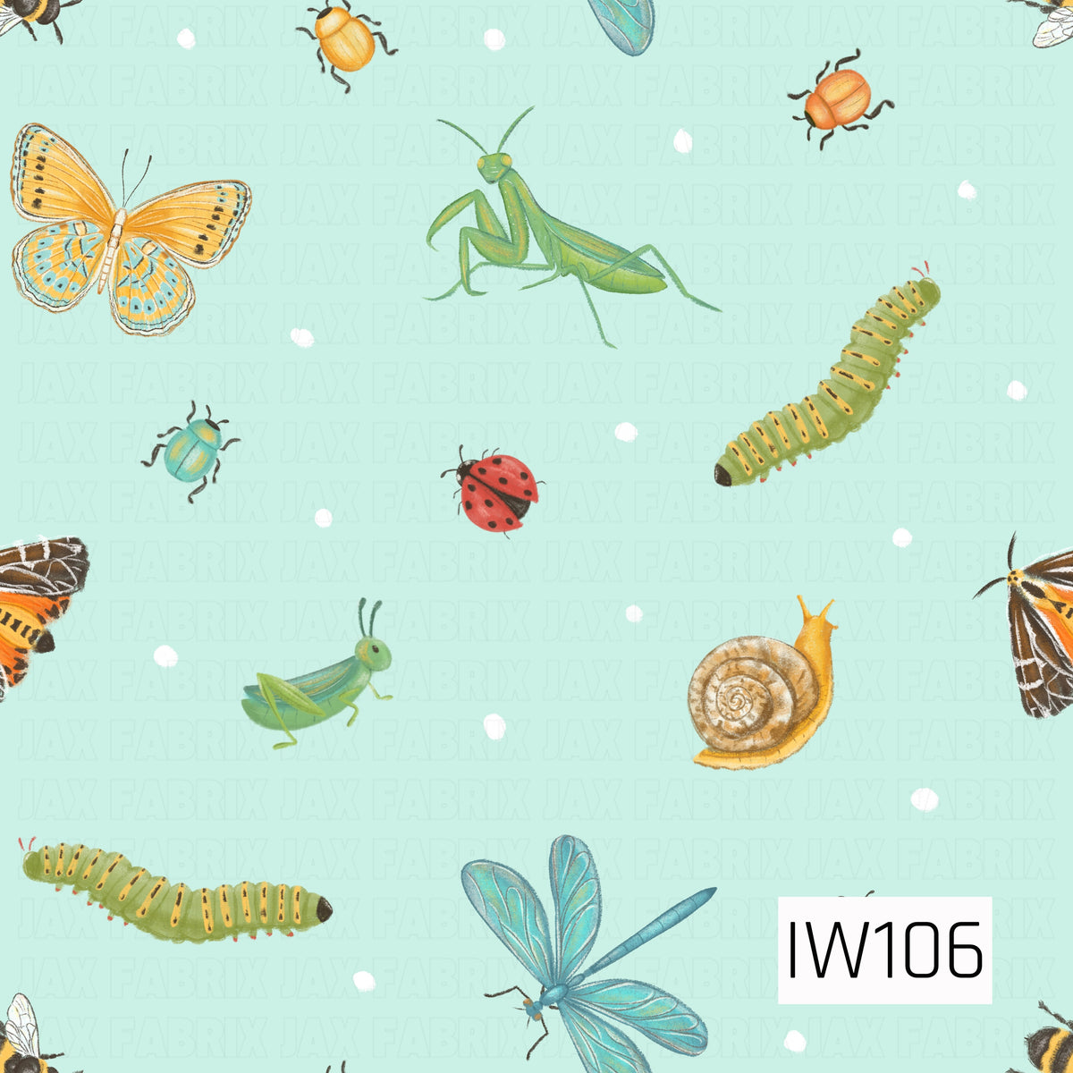 A whimsical watercolor-inspired bug pattern featuring a playful assortment of butterflies, dragonflies, ladybugs, beetles, grasshoppers, praying mantises, caterpillars, bees, and snails. The insects are illustrated in soft shades of golden yellow, orange, turquoise, green, and red, with delicate hand-painted details. Scattered white polka dots decorate the light mint green background, creating a charming, nature-inspired design.