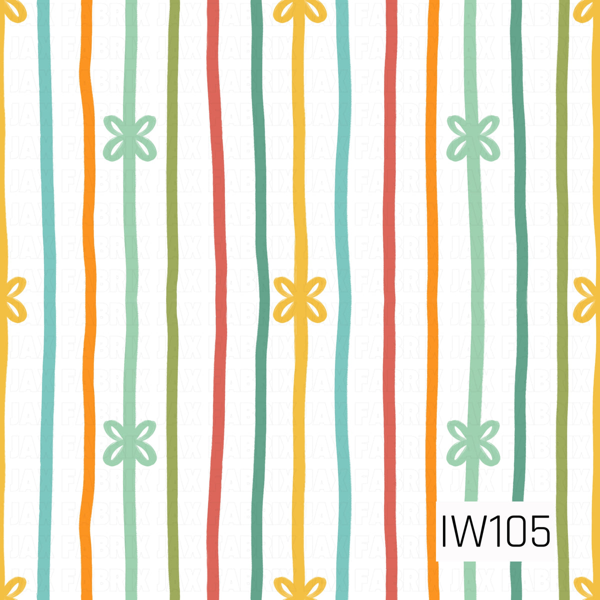 A playful retro-inspired stripe pattern featuring hand-drawn vertical lines in mustard yellow, burnt orange, coral, turquoise, mint green, and olive green. Delicate butterfly-shaped accents are scattered along select stripes in coordinating yellow and mint tones. The slightly wavy, uneven lines create a whimsical, hand-painted appearance against a crisp white background.