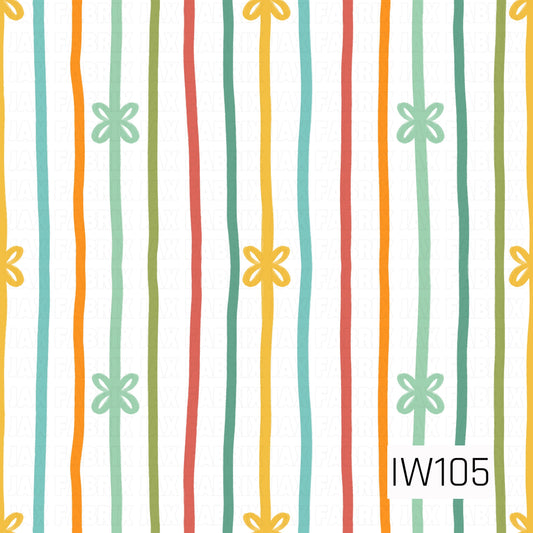 A playful retro-inspired stripe pattern featuring hand-drawn vertical lines in mustard yellow, burnt orange, coral, turquoise, mint green, and olive green. Delicate butterfly-shaped accents are scattered along select stripes in coordinating yellow and mint tones. The slightly wavy, uneven lines create a whimsical, hand-painted appearance against a crisp white background.