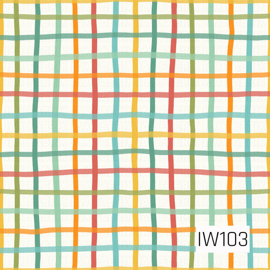 A playful retro-inspired plaid pattern featuring overlapping hand-drawn horizontal and vertical stripes in mustard yellow, burnt orange, coral, sage green, mint, and turquoise. The slightly wavy, uneven lines create a relaxed, hand-painted look, with colorful intersections forming a cheerful checkered design against a crisp white background.