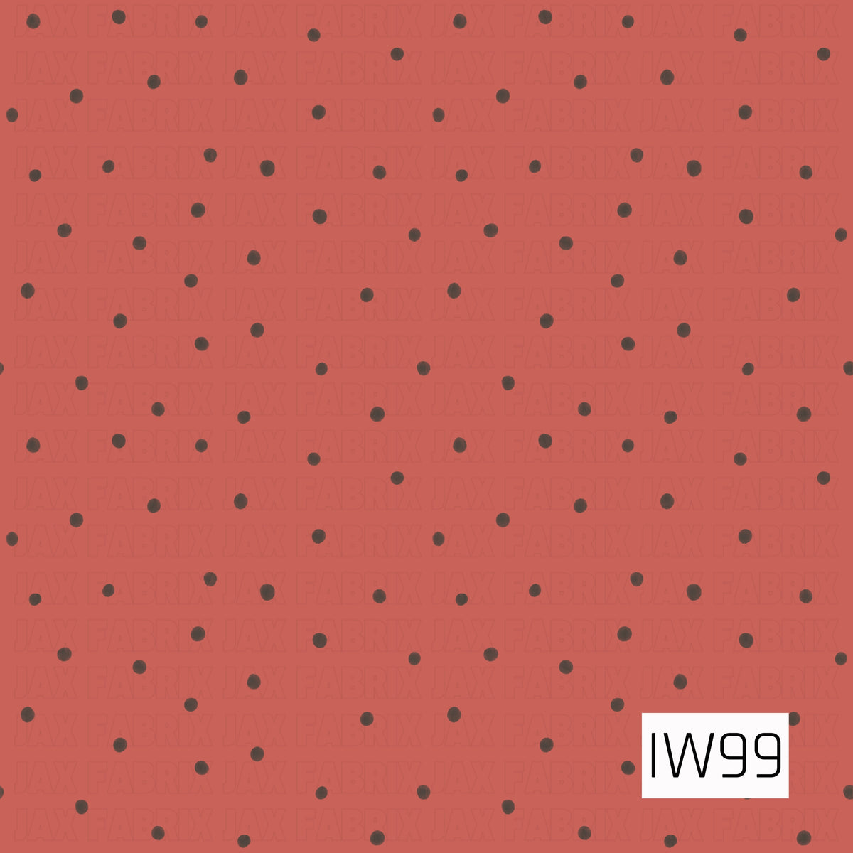 A simple, retro-inspired polka dot pattern featuring small, charcoal gray dots scattered in a playful, evenly spaced arrangement across a warm, muted terracotta red background. The slightly imperfect, hand-drawn dots add a subtle textured feel, creating a charming, vintage-inspired design that pairs beautifully with coordinating florals and retro prints.