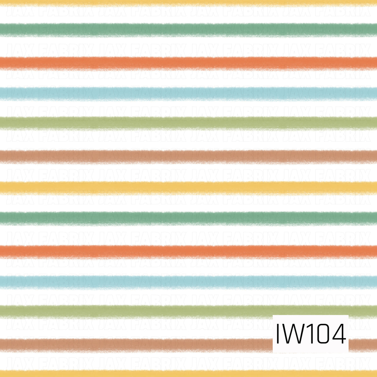 A colorful retro-inspired horizontal stripe pattern featuring soft, textured bands of mustard yellow, sage green, burnt orange, light blue, olive green, and warm peach. Each stripe has slightly distressed, fuzzy edges that create a hand-painted, brushed appearance. The evenly spaced stripes alternate with a crisp white background for a playful, vintage-inspired look.