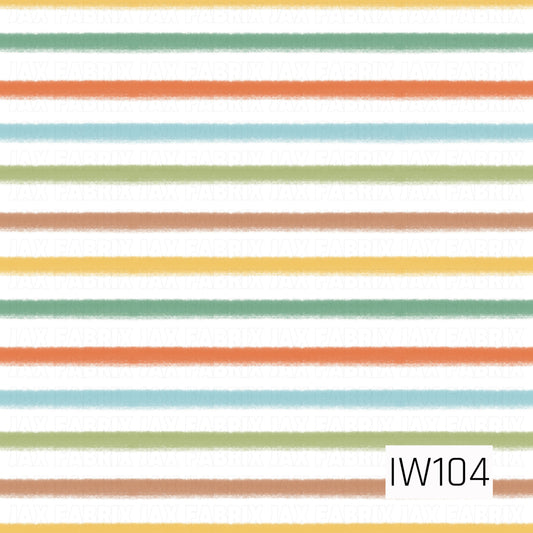 A colorful retro-inspired horizontal stripe pattern featuring soft, textured bands of mustard yellow, sage green, burnt orange, light blue, olive green, and warm peach. Each stripe has slightly distressed, fuzzy edges that create a hand-painted, brushed appearance. The evenly spaced stripes alternate with a crisp white background for a playful, vintage-inspired look.