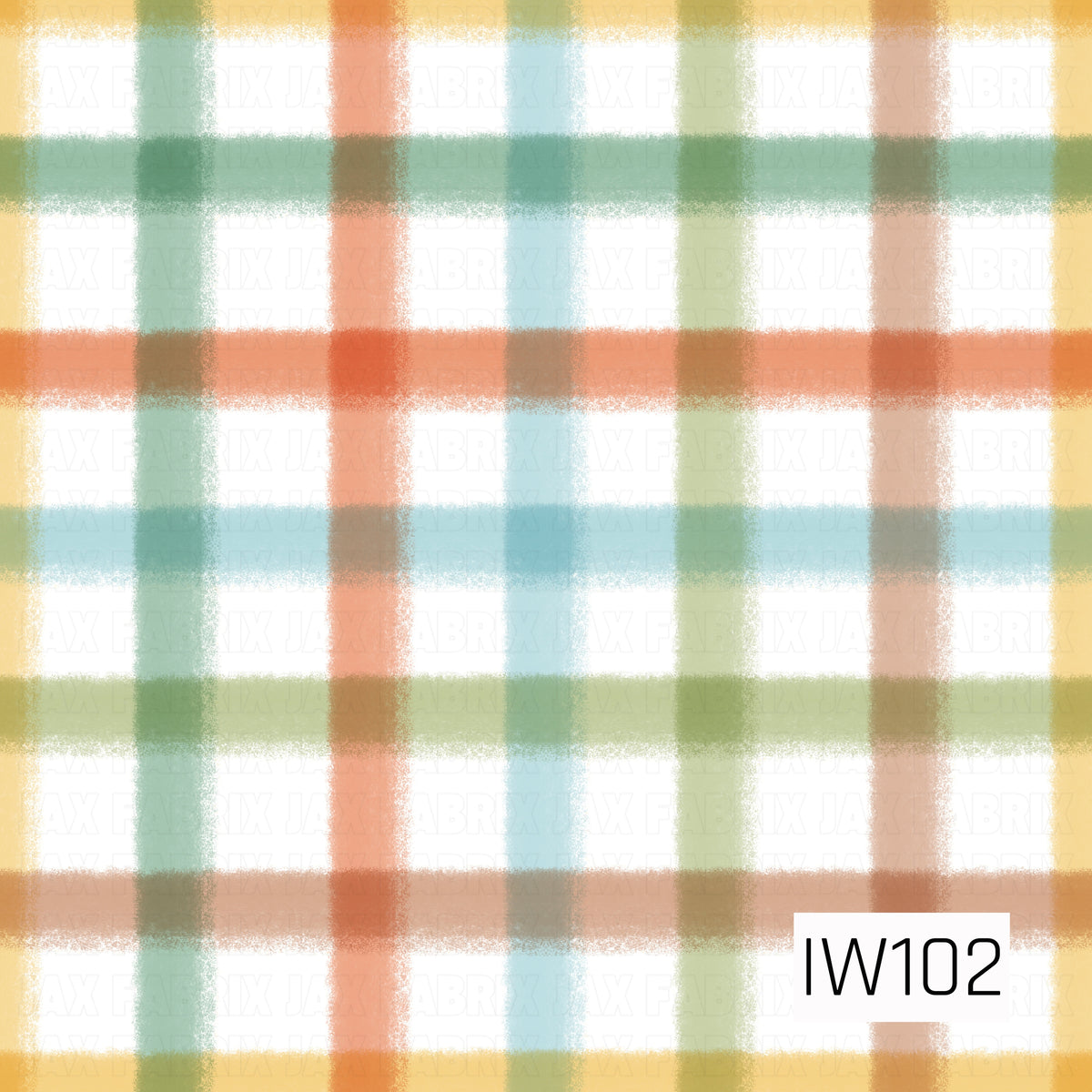 A colorful retro-inspired gingham pattern featuring overlapping horizontal and vertical brushstroke stripes in mustard yellow, sage green, burnt orange, soft blue, olive green, and warm peach. The softly distressed, textured edges create a hand-painted appearance, while the overlapping colors form a playful plaid design against a crisp white background.