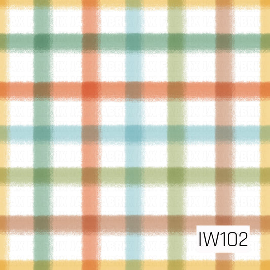 A colorful retro-inspired gingham pattern featuring overlapping horizontal and vertical brushstroke stripes in mustard yellow, sage green, burnt orange, soft blue, olive green, and warm peach. The softly distressed, textured edges create a hand-painted appearance, while the overlapping colors form a playful plaid design against a crisp white background.