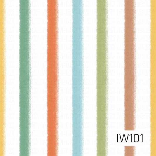 A colorful retro-inspired stripe pattern featuring wide, vertical brushstroke stripes in mustard yellow, sage green, burnt orange, light blue, olive green, and warm peach. Each stripe has soft, textured edges that create a slightly distressed, hand-painted appearance. Set against a crisp white background, this playful design combines warm and cool tones for a cheerful vintage feel.