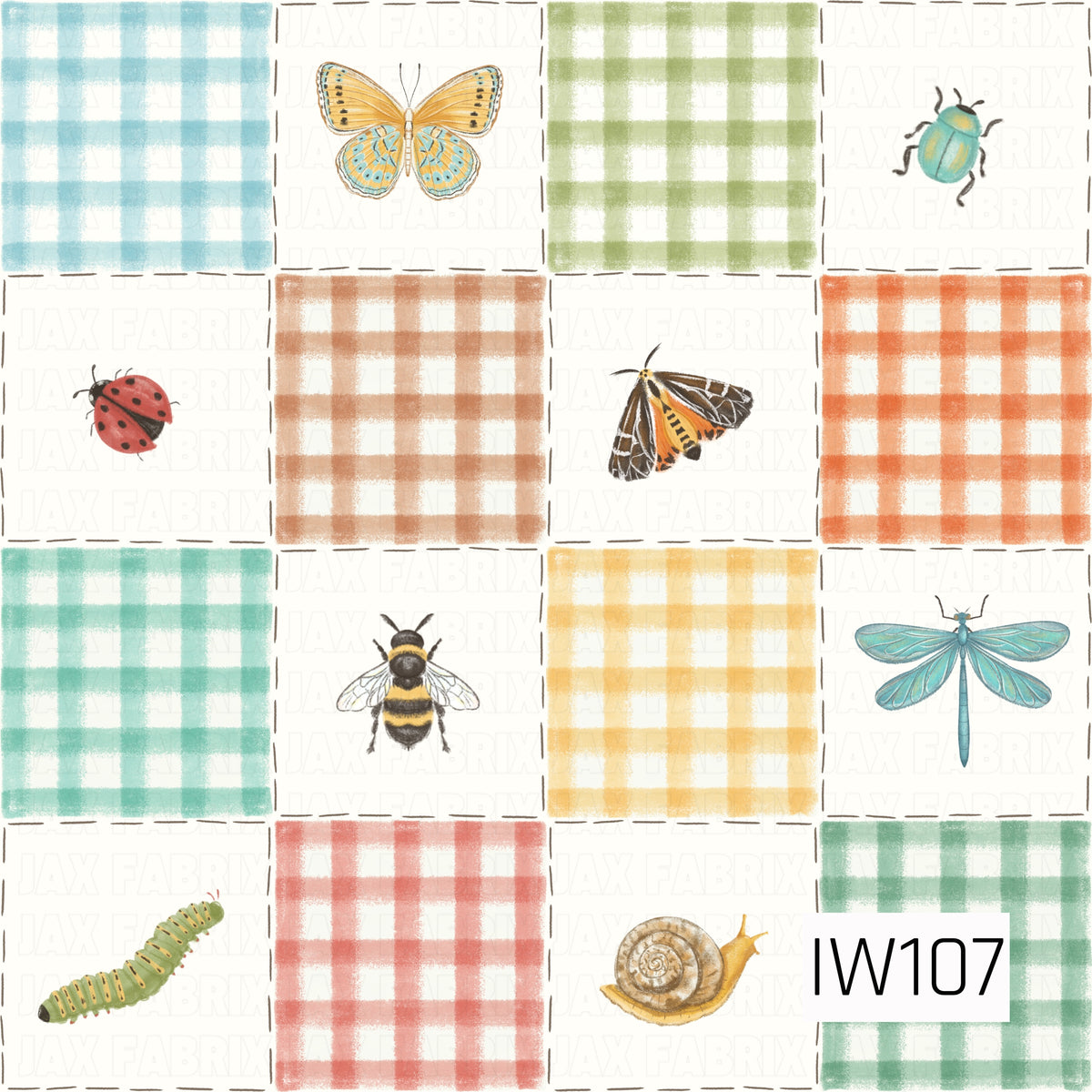 A charming watercolor-inspired patchwork pattern featuring alternating gingham squares and whimsical garden bugs. Soft plaid blocks in shades of turquoise, sage green, peach, coral, mustard yellow, and mint are paired with delicate illustrations of butterflies, ladybugs, beetles, bees, moths, dragonflies, caterpillars, and snails. Each square is outlined with a hand-drawn dashed stitching detail, creating a cozy quilt-inspired design with a playful vintage feel.