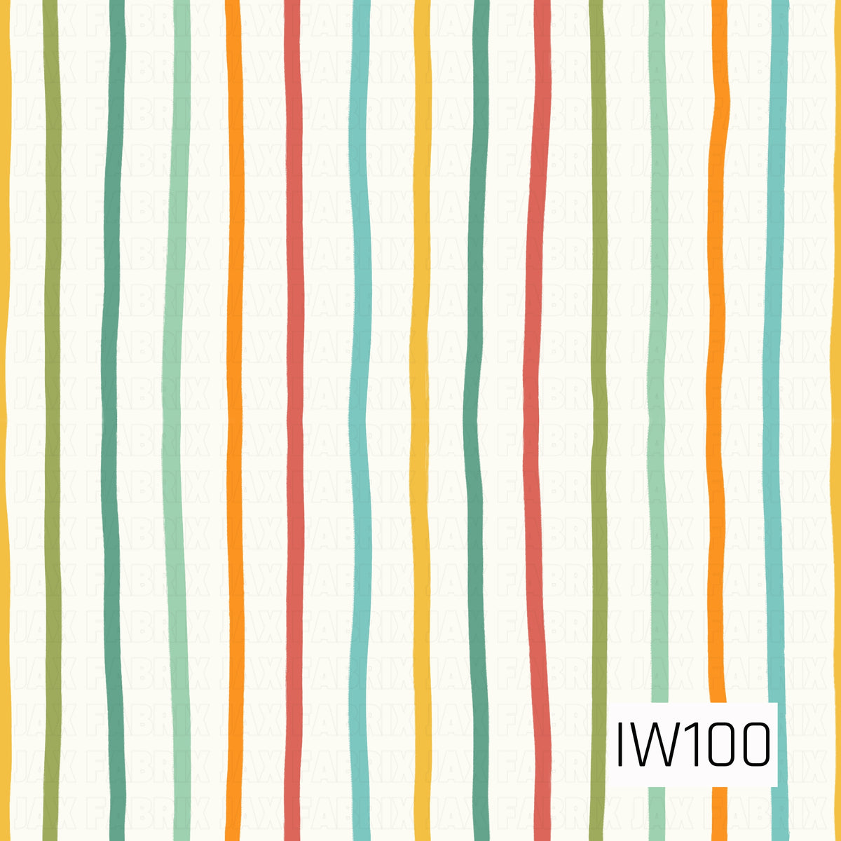 A playful, retro-inspired stripe pattern featuring thin, slightly wavy vertical lines in mustard yellow, olive green, teal, mint, burnt orange, and coral pink. The hand-drawn stripes have subtle variations in width and spacing, giving the design a relaxed, whimsical feel. Set against a soft ivory background, this colorful print brings a cheerful vintage charm and pairs beautifully with coordinating retro florals.