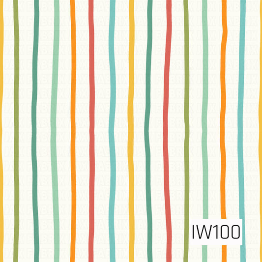 A playful, retro-inspired stripe pattern featuring thin, slightly wavy vertical lines in mustard yellow, olive green, teal, mint, burnt orange, and coral pink. The hand-drawn stripes have subtle variations in width and spacing, giving the design a relaxed, whimsical feel. Set against a soft ivory background, this colorful print brings a cheerful vintage charm and pairs beautifully with coordinating retro florals.