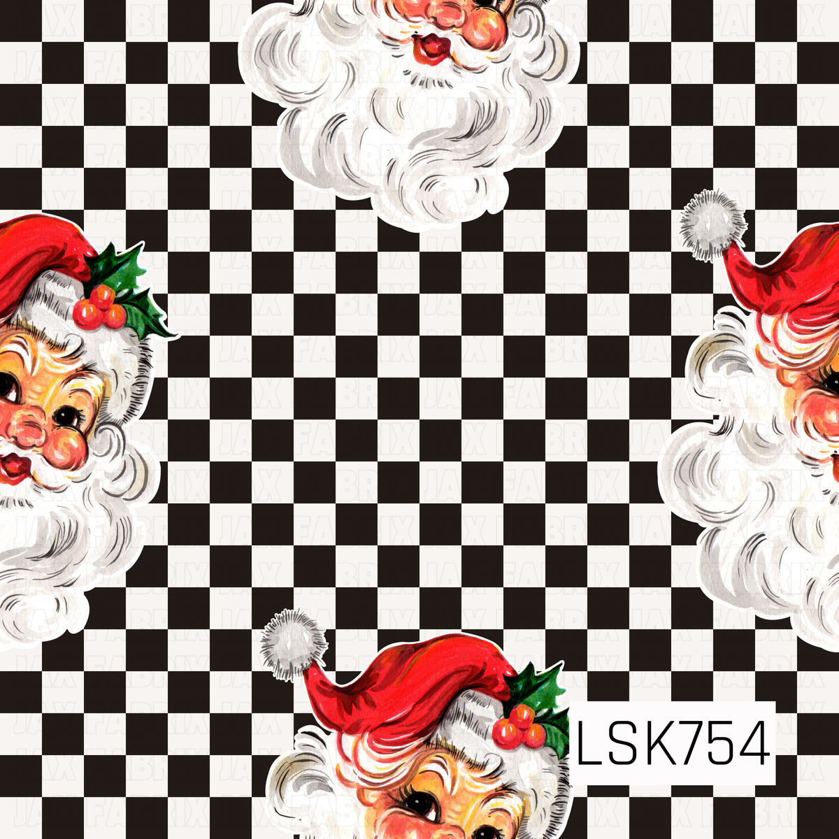 A playful retro Christmas design featuring cheerful vintage Santa faces scattered across a bold black-and-cream checkerboard background. Santa is illustrated with rosy cheeks, a fluffy white beard, a classic red hat, and festive holly and berry accents. The high-contrast checkerboard gives the traditional holiday artwork a fun, modern edge while still keeping that nostalgic Christmas feel.