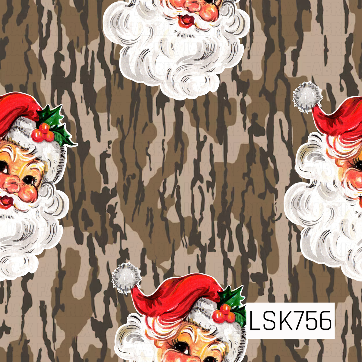 A rustic Christmas design featuring cheerful vintage Santa faces paired with a woodland-inspired camouflage background. The layered bark-like pattern combines warm browns, taupe, tan, and charcoal for an outdoorsy feel, while Santa’s bright red hat, rosy cheeks, fluffy white beard, and holly berries bring in a festive pop of classic Christmas color.