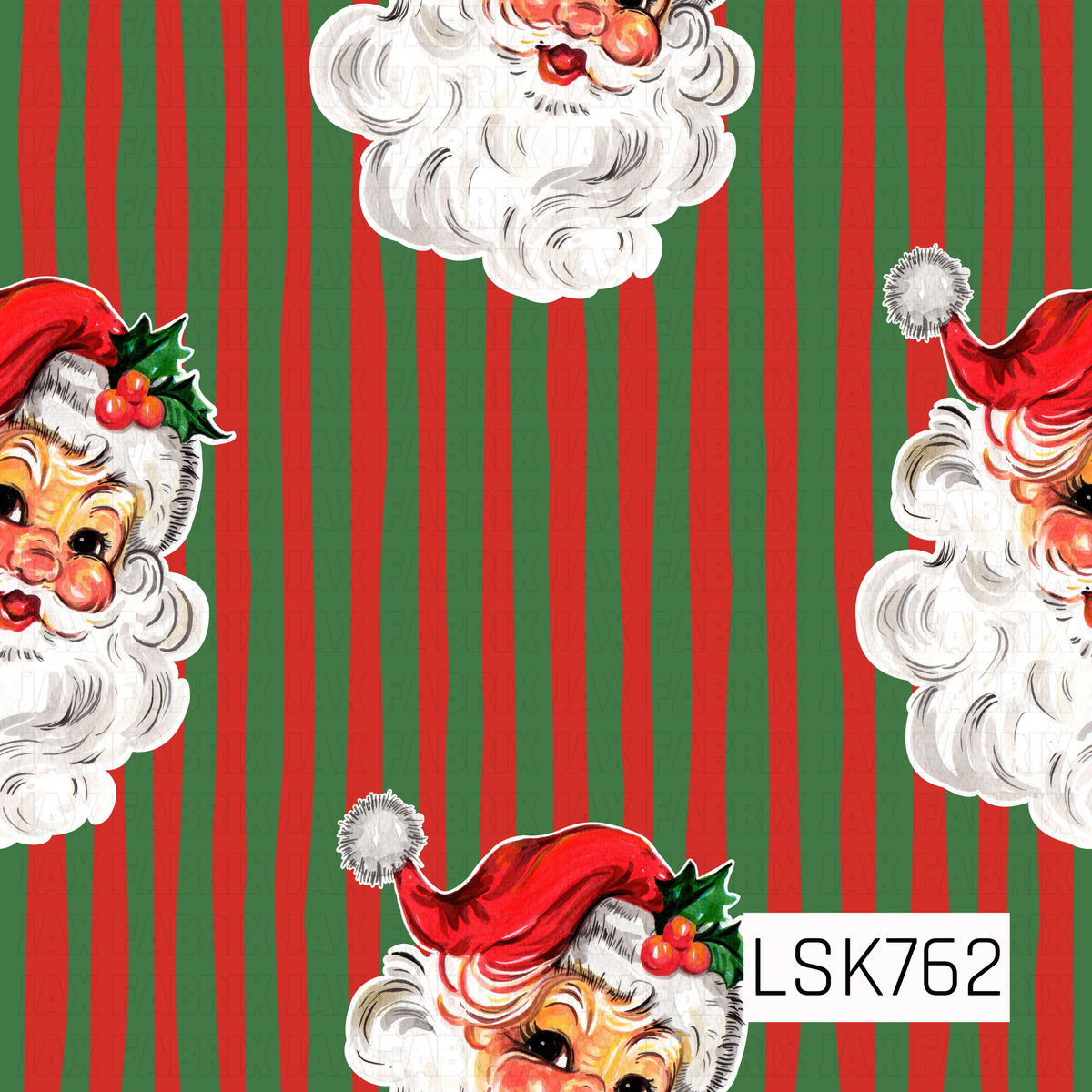 A festive vintage Christmas design featuring cheerful watercolor Santa faces over bold red and green vertical stripes. Santa’s rosy cheeks, fluffy white beard, classic red hat, and holly accents give the print a playful retro holiday feel.