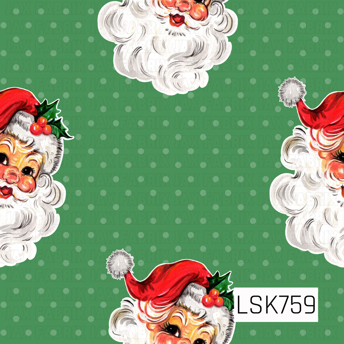 A festive vintage Christmas design featuring cheerful Santa faces scattered across a classic green background with subtle lighter green polka dots. Santa’s bright red hat, rosy cheeks, fluffy white beard, and holly and berry accents stand out beautifully against the green, giving the print a playful retro feel with traditional Christmas colors.