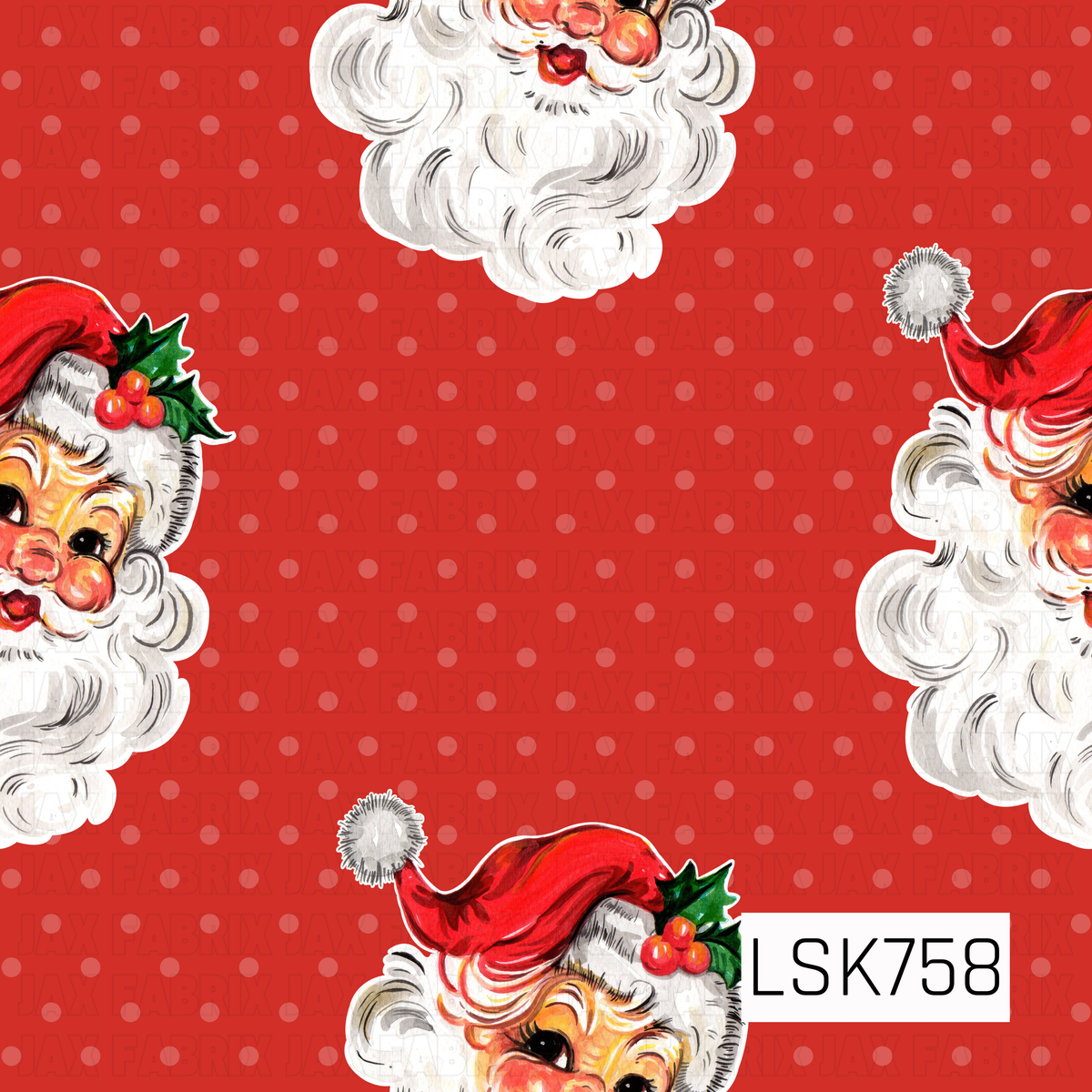 A cheerful retro Christmas design featuring vintage Santa faces scattered across a bright red polka dot background. Santa’s rosy cheeks, fluffy white beard, classic red hat, and festive holly details give the print a nostalgic hand-painted feel, while the subtle tonal dots add a playful finishing touch without taking away from the classic holiday look.