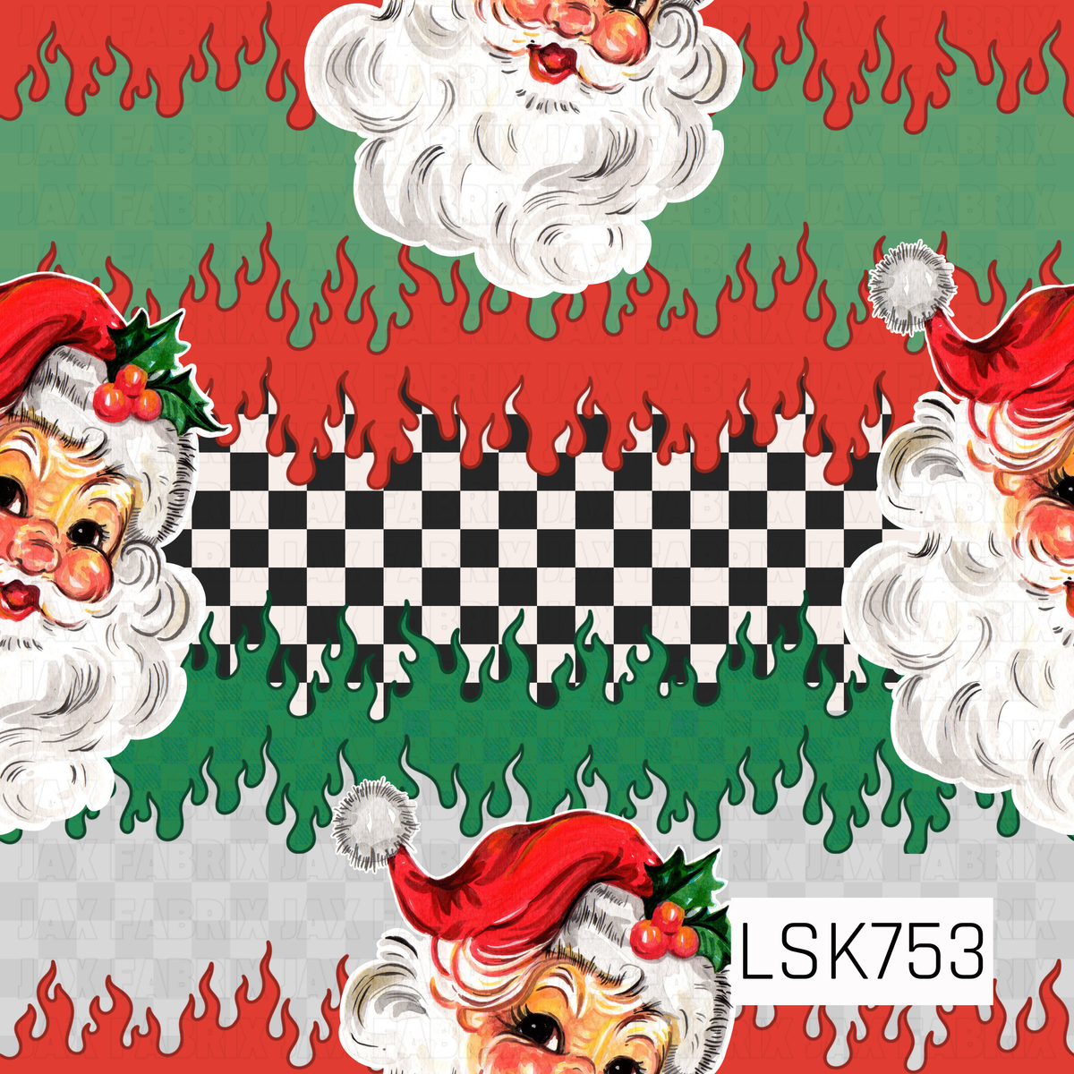 A bold retro Christmas design featuring vintage-style Santa faces paired with racing-inspired flames and a classic black-and-white checkerboard. Bright red and deep green flame details create a fun, edgy twist on traditional holiday colors, while Santa’s rosy cheeks, fluffy white beard, holly accents and hand-painted look add plenty of nostalgic Christmas charm.