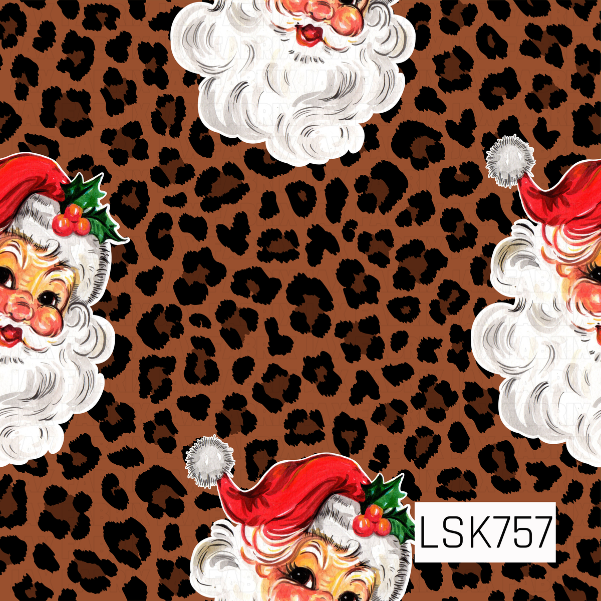 A bold Christmas design featuring cheerful vintage Santa faces paired with a classic leopard print background. Rich warm brown and black animal spots give the design a trendy, playful look, while Santa’s bright red hat, fluffy white beard, rosy cheeks, and holly accents bring in the perfect pop of festive Christmas color.