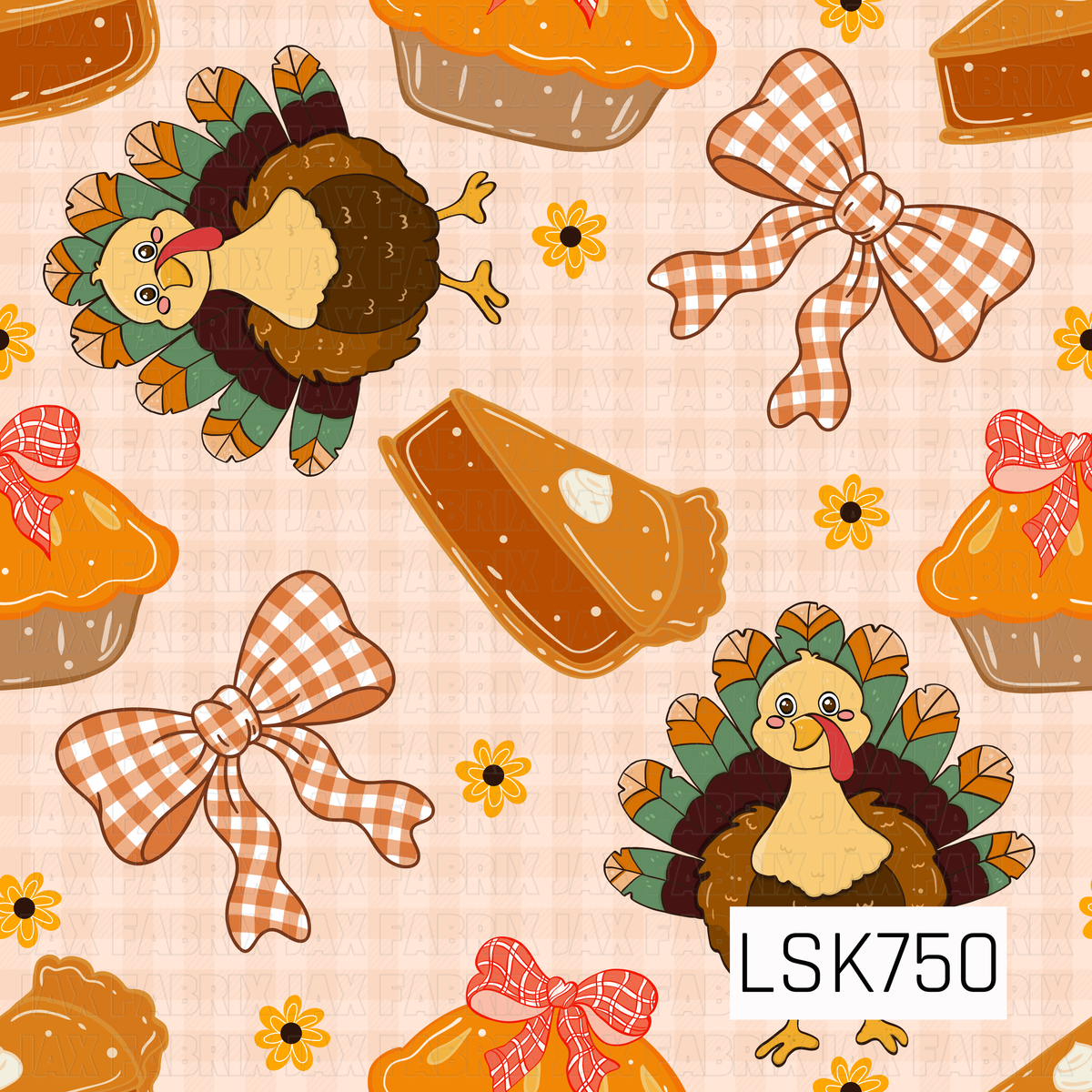 A playful Thanksgiving print featuring colorful turkeys, slices of pumpkin pie, gingham bows, pumpkin pie dishes, and small fall florals. Warm shades of orange, brown, burgundy, sage green, and cream create a cute and cozy holiday feel.
