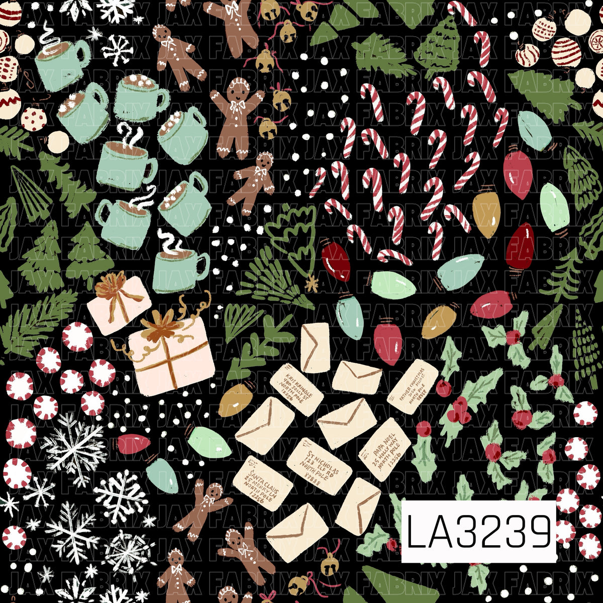 A playful Christmas pattern filled with candy canes, peppermint candies, gingerbread people, mugs of hot cocoa, colorful string lights, wrapped gifts, letters to Santa, holly, evergreen branches, bells, and hand-drawn snowflakes. The black background makes the festive reds, greens, pinks, and mint tones pop.
