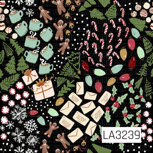 A playful Christmas pattern filled with candy canes, peppermint candies, gingerbread people, mugs of hot cocoa, colorful string lights, wrapped gifts, letters to Santa, holly, evergreen branches, bells, and hand-drawn snowflakes. The black background makes the festive reds, greens, pinks, and mint tones pop.
