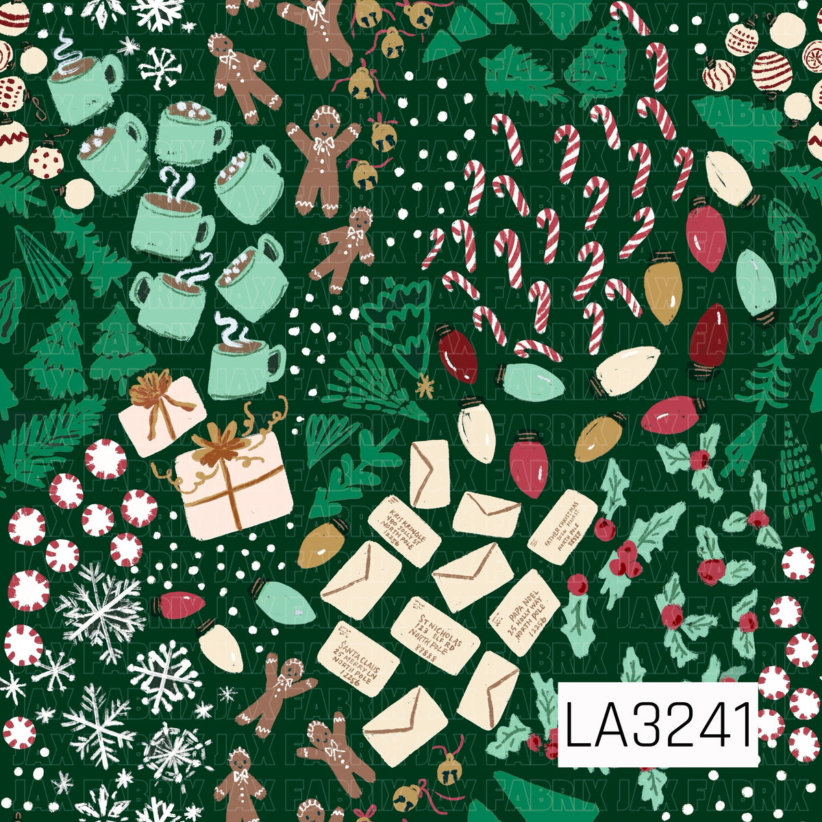 A festive hand-drawn Christmas pattern filled with candy canes, peppermint candies, gingerbread people, hot cocoa mugs, colorful string lights, wrapped gifts, letters to Santa, holly, evergreen branches, bells, and snowflakes. A rich dark green background gives the classic reds, mint greens, cream, and gold tones a cozy holiday feel.
