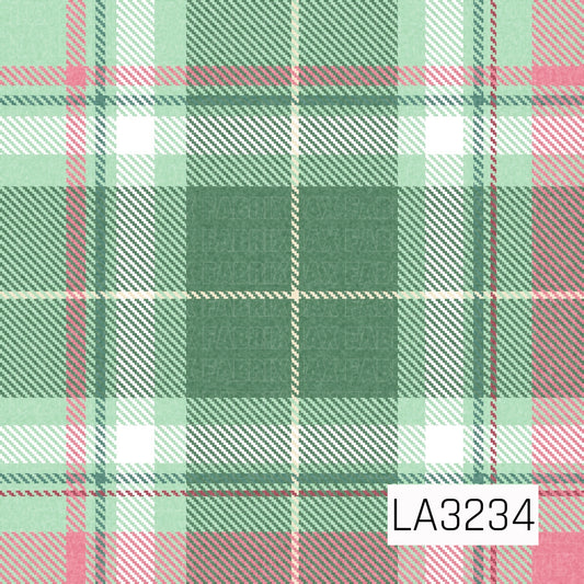 A festive plaid featuring soft mint and sage greens layered with blush pink, white, and subtle red accents. The overlapping stripes and fine diagonal detailing create a classic woven plaid look with a soft, playful holiday color palette.
