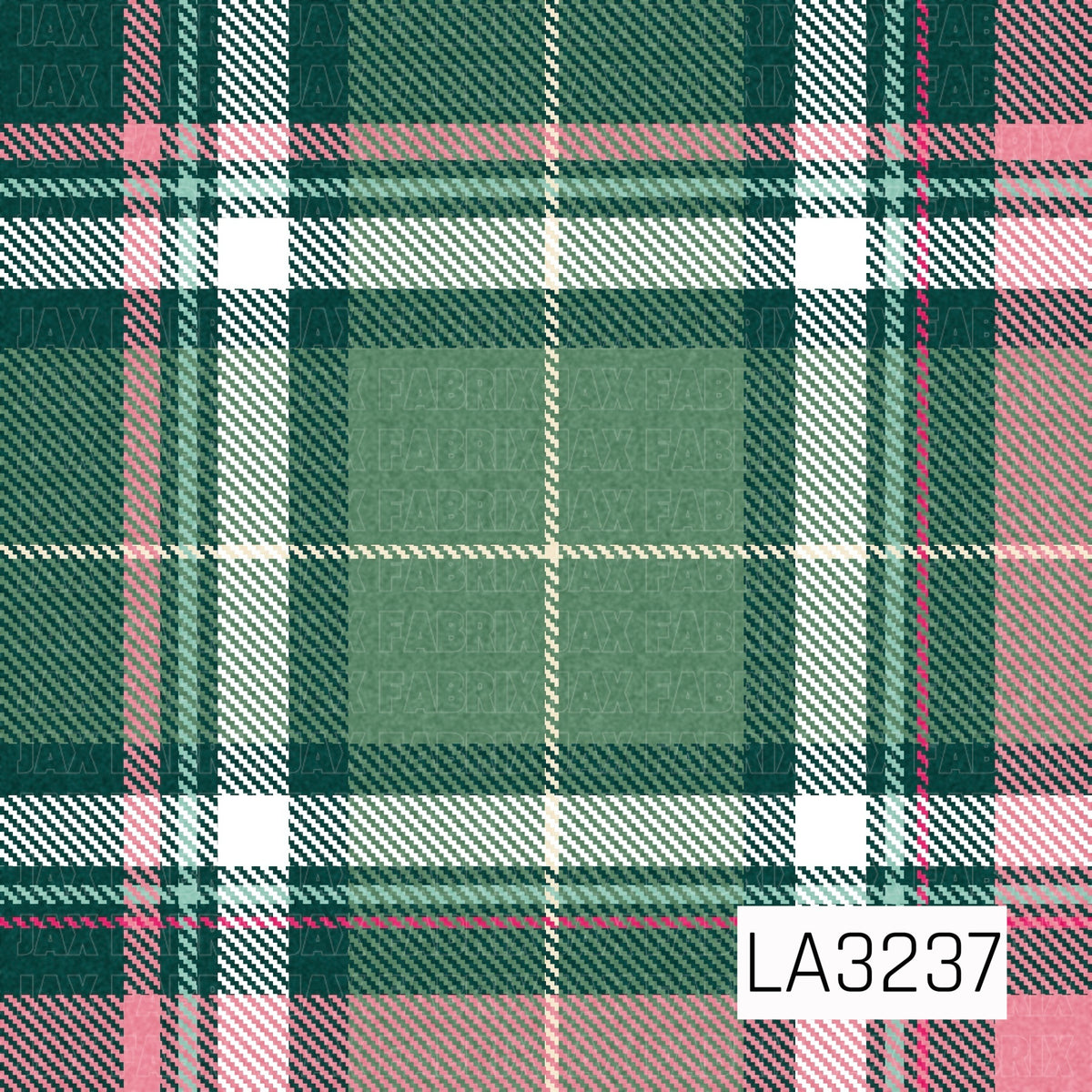 A festive plaid featuring deep teal and forest green with bold cream stripes, soft pink accents, and touches of bright magenta. The layered diagonal detailing gives it a classic woven tartan look with a fun, colorful holiday feel.
