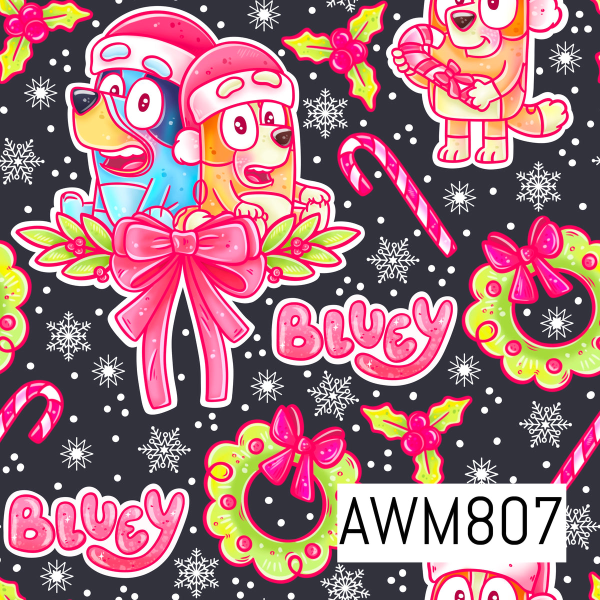 A festive Christmas-themed seamless pattern featuring two playful blue heeler puppies wearing Santa hats, accented with pink bows, lime green wreaths, candy canes, holly, snowflakes, and the word "Bluey" in cheerful pink lettering. Set against a charcoal gray background with scattered white dots, this bright holiday design combines vibrant pink, lime green, blue, and white for a fun, whimsical look.
