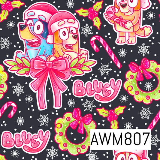 A festive Christmas-themed seamless pattern featuring two playful blue heeler puppies wearing Santa hats, accented with pink bows, lime green wreaths, candy canes, holly, snowflakes, and the word "Bluey" in cheerful pink lettering. Set against a charcoal gray background with scattered white dots, this bright holiday design combines vibrant pink, lime green, blue, and white for a fun, whimsical look.
