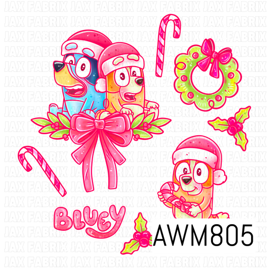 A festive Christmas-themed PNG featuring two playful blue heeler puppies wearing Santa hats, one holding a candy cane, along with a bright pink bow, lime green wreath, candy canes, holly sprigs, delicate snowflakes, and the word "Bluey" in cheerful pink lettering. Designed in vibrant pink, lime green, blue, and white tones, this whimsical clipart collection is perfect for holiday crafting and seasonal projects.
