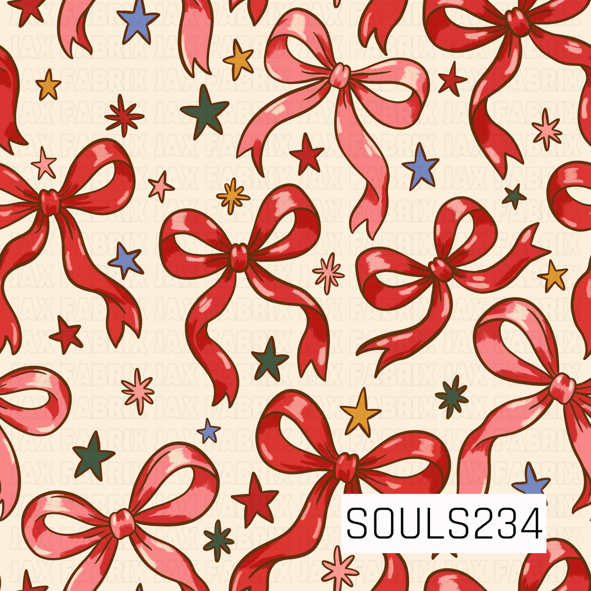A playful retro-inspired pattern filled with oversized, hand-drawn ribbon bows in bright cherry red and rosy pink. Each bow features loose, flowing ribbon tails, dark brown sketch-style outlines, and painterly cream and blush highlights that give the ribbons a slightly shiny, dimensional look. Scattered between the bows are an assortment of whimsical stars and mid-century-style starbursts in mustard yellow, dusty blue, forest green, red, and pink. A warm creamy ivory background softens the bold colors and g