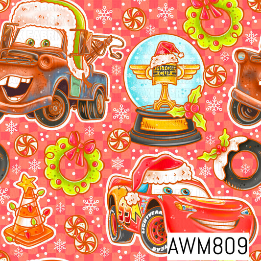 A festive Christmas-themed seamless pattern featuring cheerful cartoon-inspired tow trucks, a red race car in a Santa hat, a holiday racing trophy, lime green wreaths with pink bows, peppermint candies, holly, snowflakes, tires, and a traffic cone Christmas tree. Set against a coral pink checker background with scattered white dots, this playful design combines bright holiday colors with a fun automotive theme.
