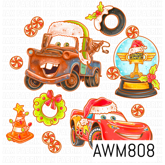 A festive Christmas-themed PNG featuring a cheerful cartoon-inspired tow truck in a Santa hat, a red race car in a Santa hat, a holiday racing trophy, a lime green wreath with a pink bow, peppermint candies, a frosted tire, a traffic cone Christmas tree, holly, and delicate snowflakes. Designed in bright holiday colors, this playful clipart collection is perfect for seasonal crafting and automotive-themed projects.
