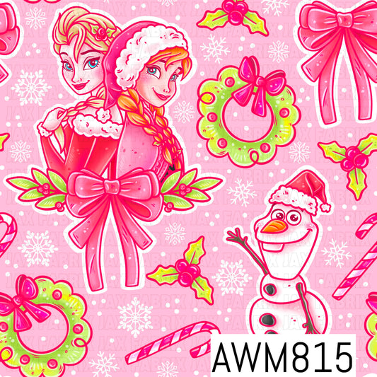 A festive Christmas-themed seamless pattern featuring two winter princesses, a cheerful snowman, pink bows, lime green wreaths, candy canes, holly, and delicate snowflakes. Set against a soft pink background with scattered white dots, this whimsical design combines bright pink, lime green, and white for a sweet, magical holiday aesthetic.