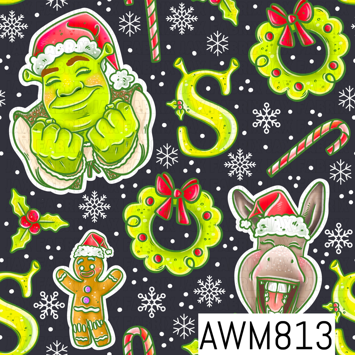 A festive Christmas-themed seamless pattern featuring a cheerful green ogre in a Santa hat, a smiling donkey in a Santa hat, a gingerbread cookie, lime green wreaths with red bows, candy canes, holly, snowflakes, and decorative letter accents. Set against a charcoal gray background with scattered white dots, this playful design combines bright lime green, red, and white for a fun holiday-inspired look.