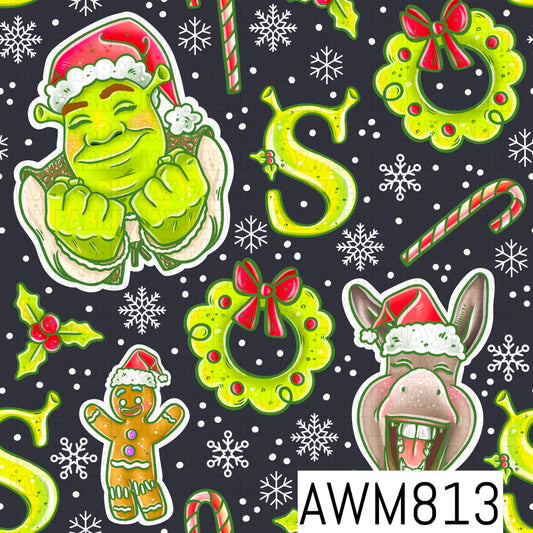 A festive Christmas-themed seamless pattern featuring a cheerful green ogre in a Santa hat, a smiling donkey in a Santa hat, a gingerbread cookie, lime green wreaths with red bows, candy canes, holly, snowflakes, and decorative letter accents. Set against a charcoal gray background with scattered white dots, this playful design combines bright lime green, red, and white for a fun holiday-inspired look.