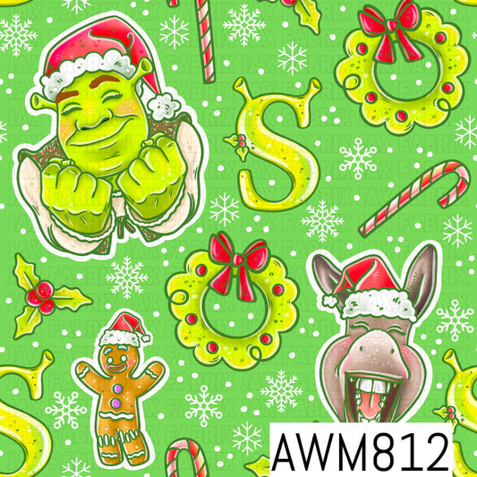 A festive Christmas-themed seamless pattern featuring a cheerful green ogre in a Santa hat, a smiling donkey in a Santa hat, a gingerbread cookie, lime green wreaths with red bows, candy canes, holly, snowflakes, and decorative letter accents. Set against a bright lime green background with scattered white dots, this playful design combines vibrant green, red, and white for a fun holiday-inspired look.