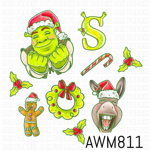 A festive Christmas-themed PNG featuring a cheerful green ogre in a Santa hat, a smiling donkey in a Santa hat, a gingerbread cookie, a lime green wreath with a red bow, candy cane, holly sprigs, decorative letter accent, and delicate snowflakes. Designed in vibrant lime green, red, and white tones, this playful clipart collection is perfect for holiday crafting and seasonal projects.

